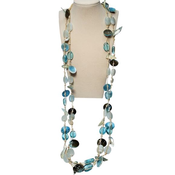 Blue Glass Bead Shell Multi Strand Necklace Extra Long 32" Beachy - Picture 1 of 7